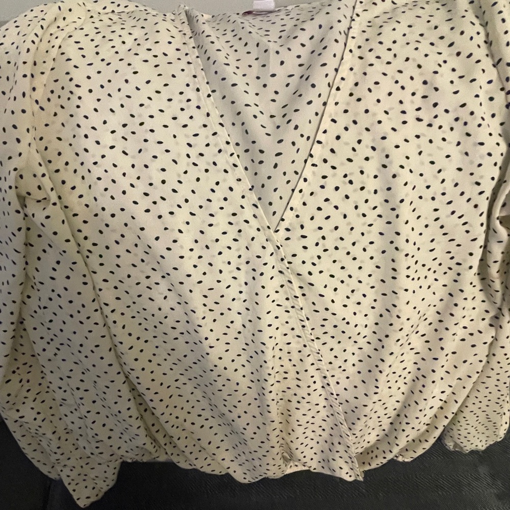 Cream and Black Ruffled Wrap Blouse with 3/4 Sleeves